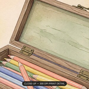 Close-up print detail of the vintage school supply illustrations artwork at 300 DPI