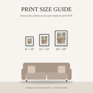 Print size guide showing 8x10, 11x14, and 16x20 framed prints at true scale beside a sofa