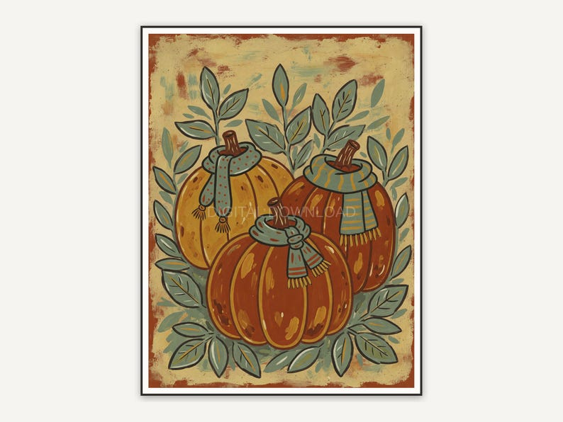 Three small pumpkins with scarves among sage leaves