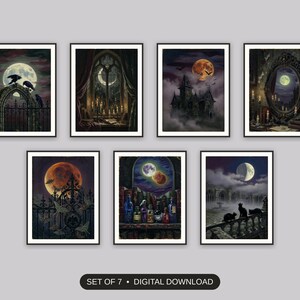Set of 7 halloween decor and spooky season wall art printable prints shown as a gallery wall