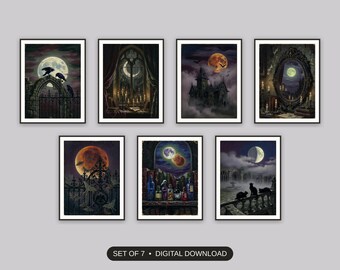 Halloween Moon Print, Set Of 7, Gothic Dark Academia Wall Art, Gallery Wall Entryway Decor, Moody Manor Mantel Art, Digital Download
