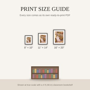 Print size guide showing 8x10, 11x14, and 16x20 framed prints at true scale beside a classroom bookshelf