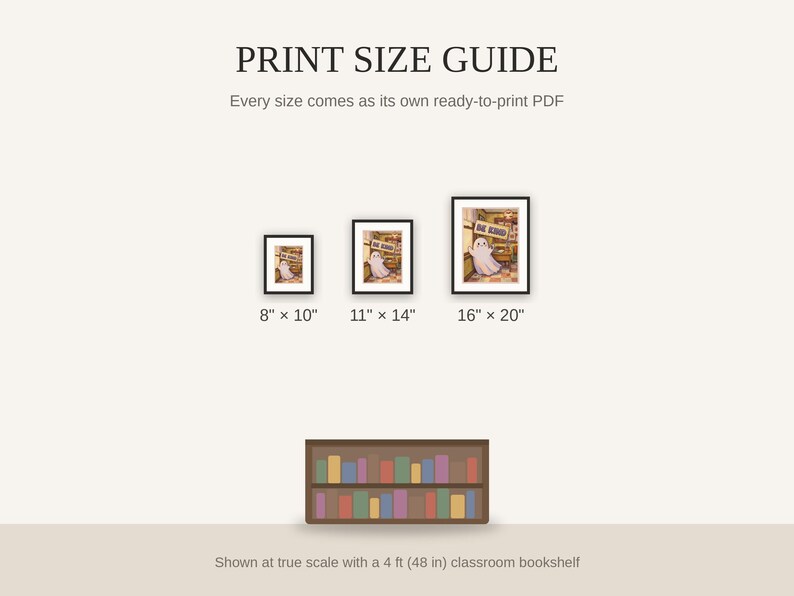 Print size guide showing 8x10, 11x14, and 16x20 framed prints at true scale beside a classroom bookshelf