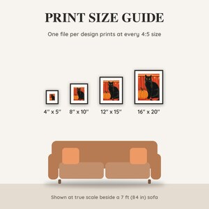 Print size guide showing 4x5, 8x10, 12x15 and 16x20 inch Halloween prints at true scale beside a sofa