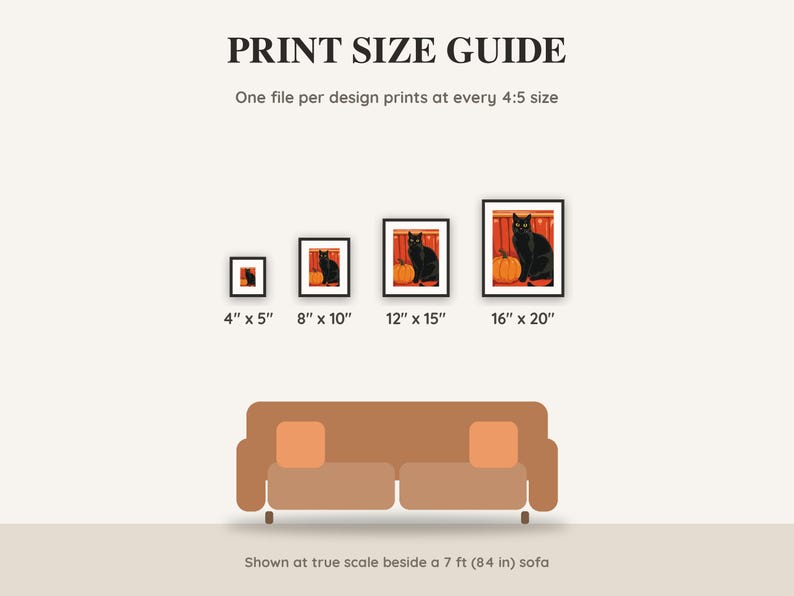 Print size guide showing 4x5, 8x10, 12x15 and 16x20 inch Halloween prints at true scale beside a sofa