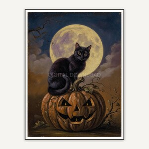 Vintage oil painting of black cat on pumpkin under full moon
