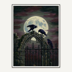 Gothic full moon behind stone arch with ravens