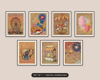 County Fair Summer Prints Set of 7 | Nostalgic Americana Festival Icons | Labor Day Porch Decor Digital Download