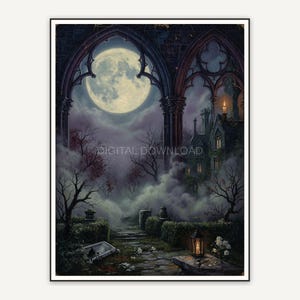Full moon framed by gothic arches above misty garden