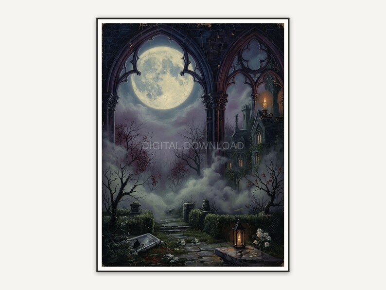 Full moon framed by gothic arches above misty garden