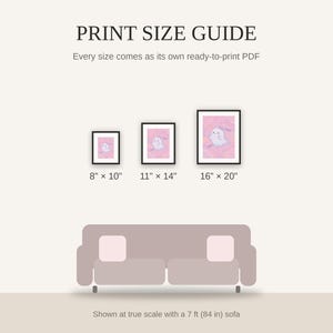 Print size guide showing 8x10, 11x14, and 16x20 framed prints at true scale beside a sofa