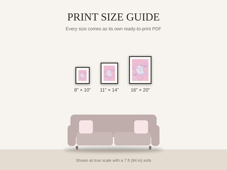 Print size guide showing 8x10, 11x14, and 16x20 framed prints at true scale beside a sofa