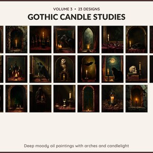 Volume 3 Gothic Candle Studies: 23 printable Halloween art designs, deep moody oil paintings with arches and candlelight