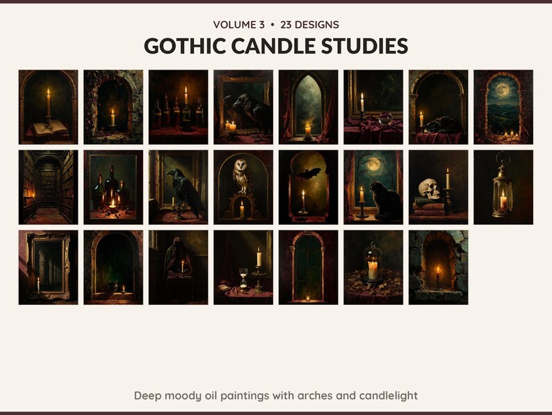 Volume 3 Gothic Candle Studies: 23 printable Halloween art designs, deep moody oil paintings with arches and candlelight