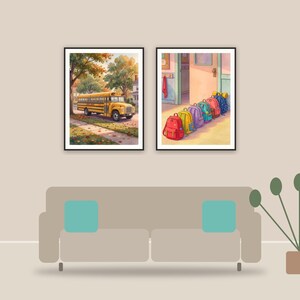 vintage school bus art printable art framed above a sofa in a styled living room