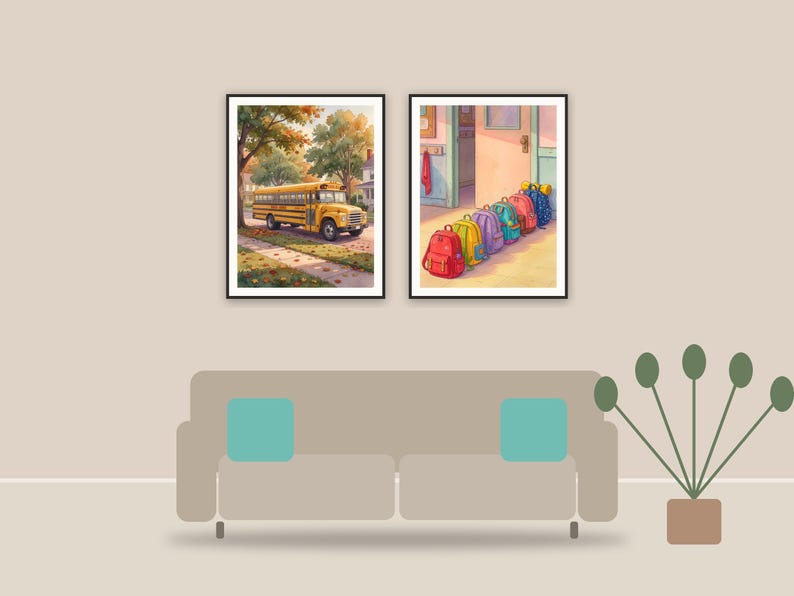 vintage school bus art printable art framed above a sofa in a styled living room