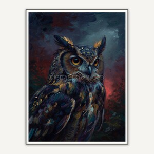 Oil style owl portrait with moody tones