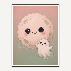 Small ghost under full moon in soft pastel colors