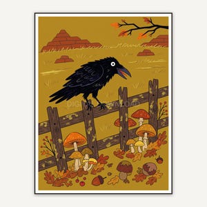Rustic raven on fence with autumn mushrooms