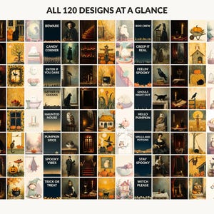 All 120 Halloween printable designs in the bundle shown together on one contact sheet