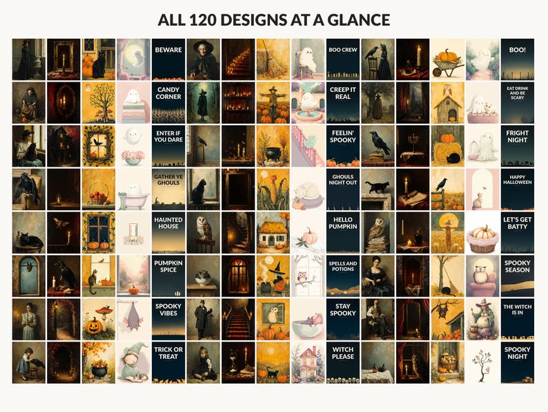 All 120 Halloween printable designs in the bundle shown together on one contact sheet