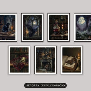 Set of 7 halloween decor and spooky season wall art printable prints shown as a gallery wall