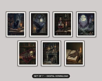 Witchy Home Decor, Set Of 7 Prints, Gothic Dark Academia Wall Art, Library Study Nook, Spooky Season Gallery Wall, Digital Download