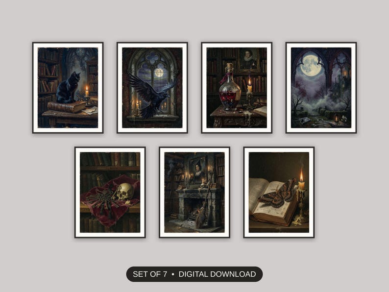 Set of 7 halloween decor and spooky season wall art printable prints shown as a gallery wall