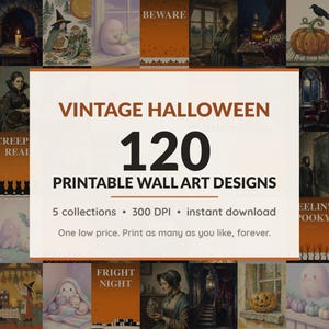 Halloween printable wall art mega bundle with 120 art prints in 5 collections: Antique Witch Portraits, Gothic Candlelit Studies, Primitive Folk Harvest, Pastel Ghost Companions, Retro Midnight Lettering