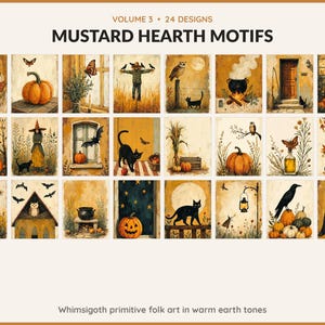 Volume 3 Mustard Hearth Motifs: 24 printable Halloween art designs, whimsigoth primitive folk art in warm earth tones