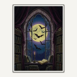 Full moon through arched window with bats, moody dark academia art