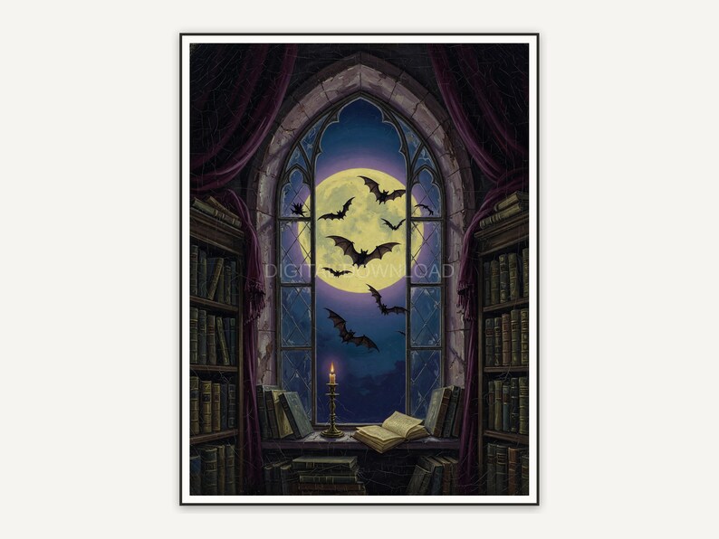 Full moon through arched window with bats, moody dark academia art