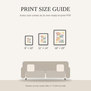 Print size guide showing 8x10, 11x14, and 16x20 framed prints at true scale beside a sofa