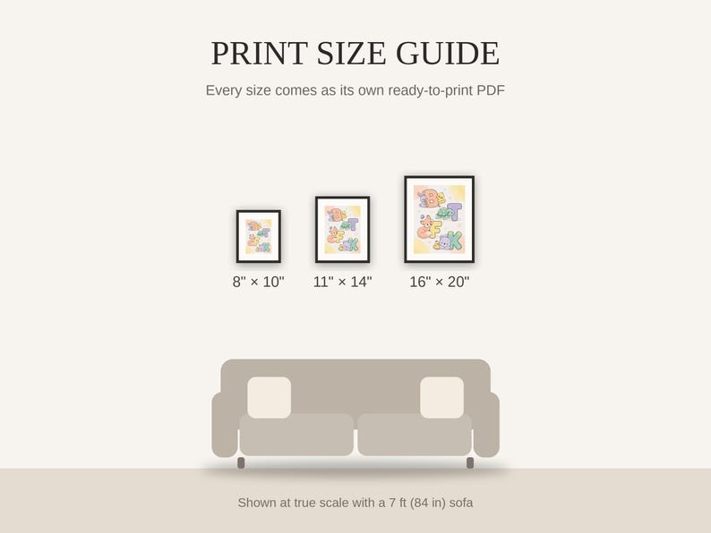 Print size guide showing 8x10, 11x14, and 16x20 framed prints at true scale beside a sofa