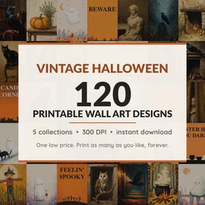 Halloween printable wall art mega bundle with 120 art prints in 5 collections: Sepia Portrait Oils, Moody Manor Studies, Mustard Folk Motifs, Blush Phantom Friends, Atomic Night Fields