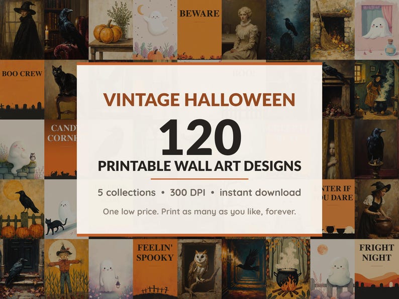 Halloween printable wall art mega bundle with 120 art prints in 5 collections: Sepia Portrait Oils, Moody Manor Studies, Mustard Folk Motifs, Blush Phantom Friends, Atomic Night Fields