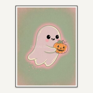 Friendly pastel ghost with pumpkin in creepy cute style