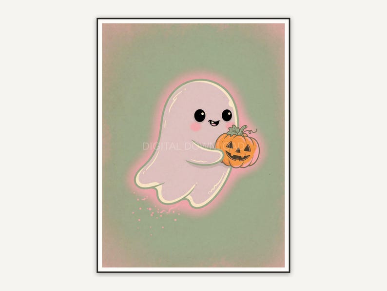 Friendly pastel ghost with pumpkin in creepy cute style