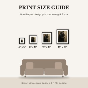 Print size guide showing 4x5, 8x10, 12x15 and 16x20 inch Halloween prints at true scale beside a sofa