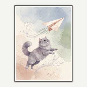 Gray cat chasing paper airplane