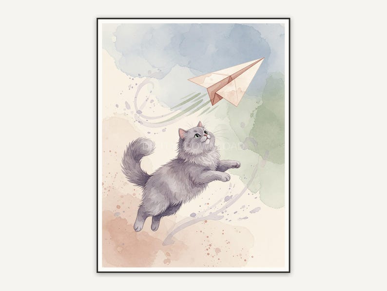 Gray cat chasing paper airplane