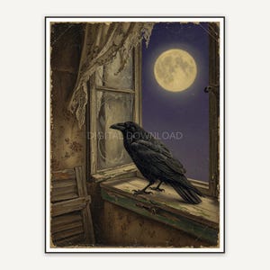 Vintage oil portrait of a raven perched under a full moon in earthy browns