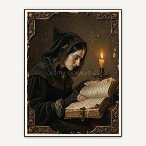 Witch reading a grimoire by candlelight in profile