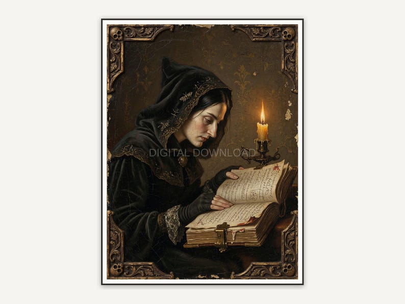 Witch reading a grimoire by candlelight in profile