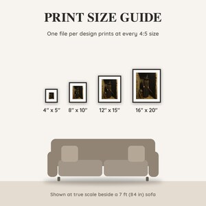 Print size guide showing 4x5, 8x10, 12x15 and 16x20 inch Halloween prints at true scale beside a sofa