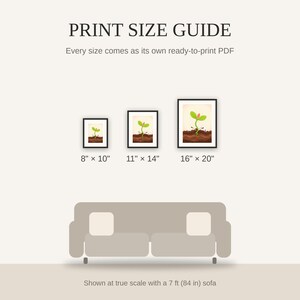 Print size guide showing 8x10, 11x14, and 16x20 framed prints at true scale beside a sofa