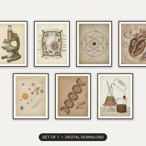 Set of 7 vintage science lab prints printable prints shown as a gallery wall