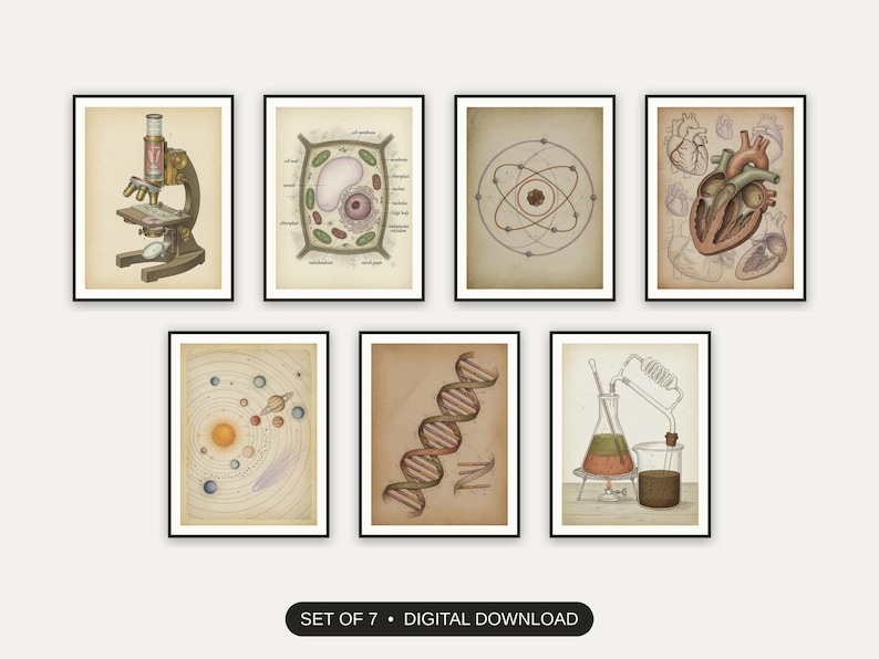Set of 7 vintage science lab prints printable prints shown as a gallery wall