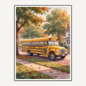 Yellow school bus on leafy street in soft retro watercolor