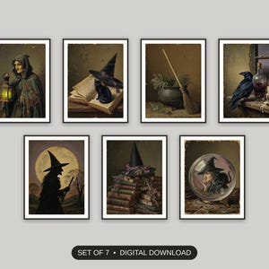 Set of 7 halloween decor and spooky season wall art printable prints shown as a gallery wall